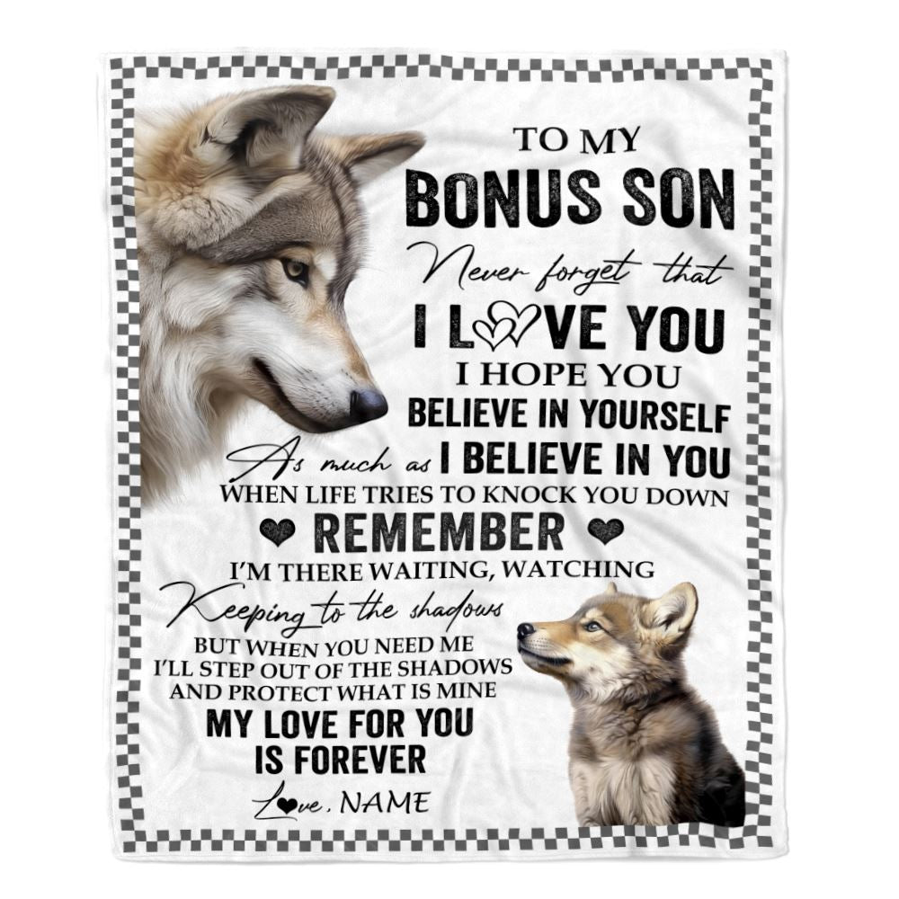 Personalized To My Bonus Son Blanket From Stepmother Stepdad Wolf My Love For You Is Forever Stepson Birthday Gifts Christmas Customized Fleece Throw Blanket | teecentury