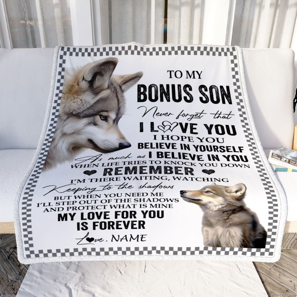 Personalized To My Bonus Son Blanket From Stepmother Stepdad Wolf My Love For You Is Forever Stepson Birthday Gifts Christmas Customized Fleece Throw Blanket | teecentury