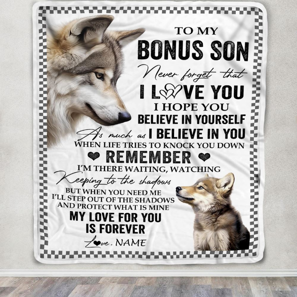 Personalized To My Bonus Son Blanket From Stepmother Stepdad Wolf My Love For You Is Forever Stepson Birthday Gifts Christmas Customized Fleece Throw Blanket | teecentury