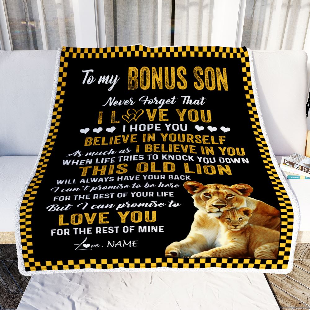 Personalized To My Bonus Son Blanket From Stepmother This Old Lion Love You Stepson Birthday Graduation Christmas Customized Fleece Blanket | teecentury