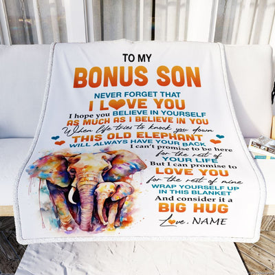 Personalized To My Bonus Son Blanket Gift From Stepdad Stepmom This Old Elephant Love You Stepson Birthday Graduation Christmas Customized Fleece Throw Blanket | teecentury