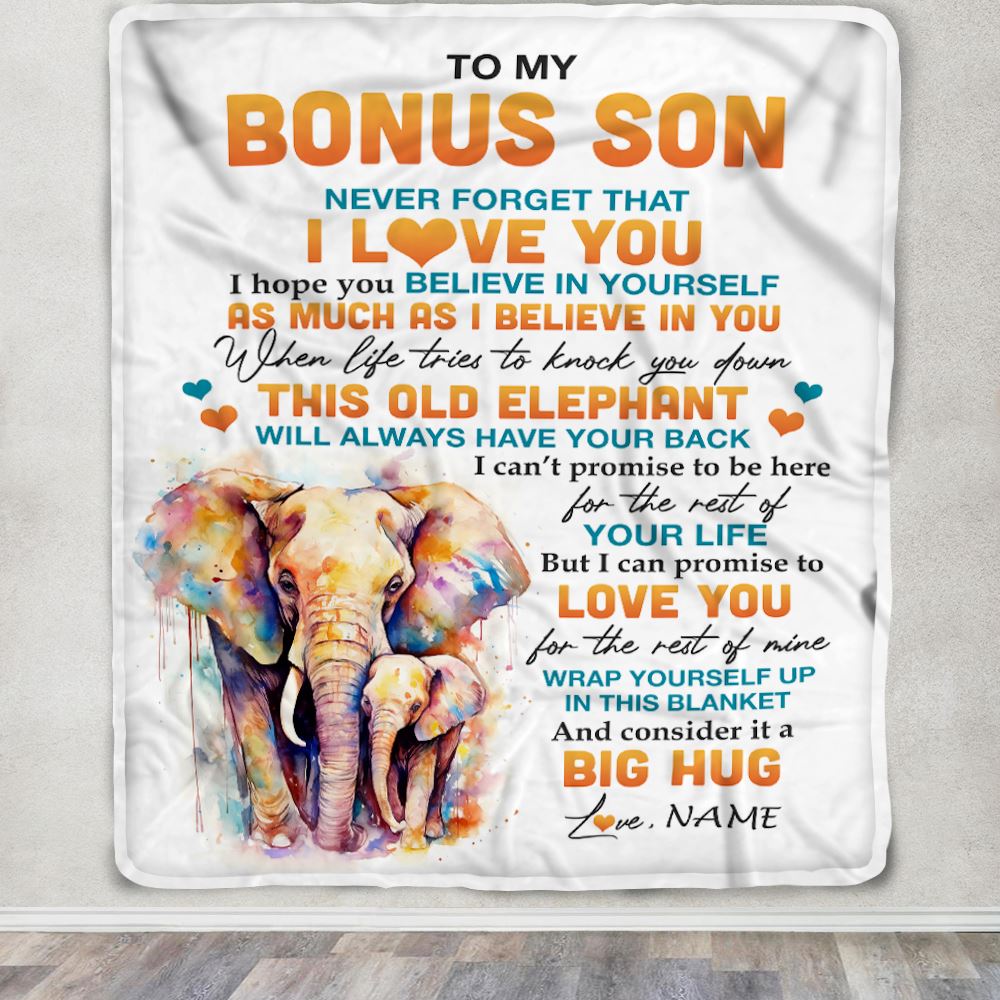 Personalized To My Bonus Son Blanket Gift From Stepdad Stepmom This Old Elephant Love You Stepson Birthday Graduation Christmas Customized Fleece Throw Blanket | teecentury