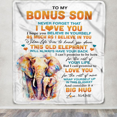 Personalized To My Bonus Son Blanket Gift From Stepdad Stepmom This Old Elephant Love You Stepson Birthday Graduation Christmas Customized Fleece Throw Blanket | teecentury
