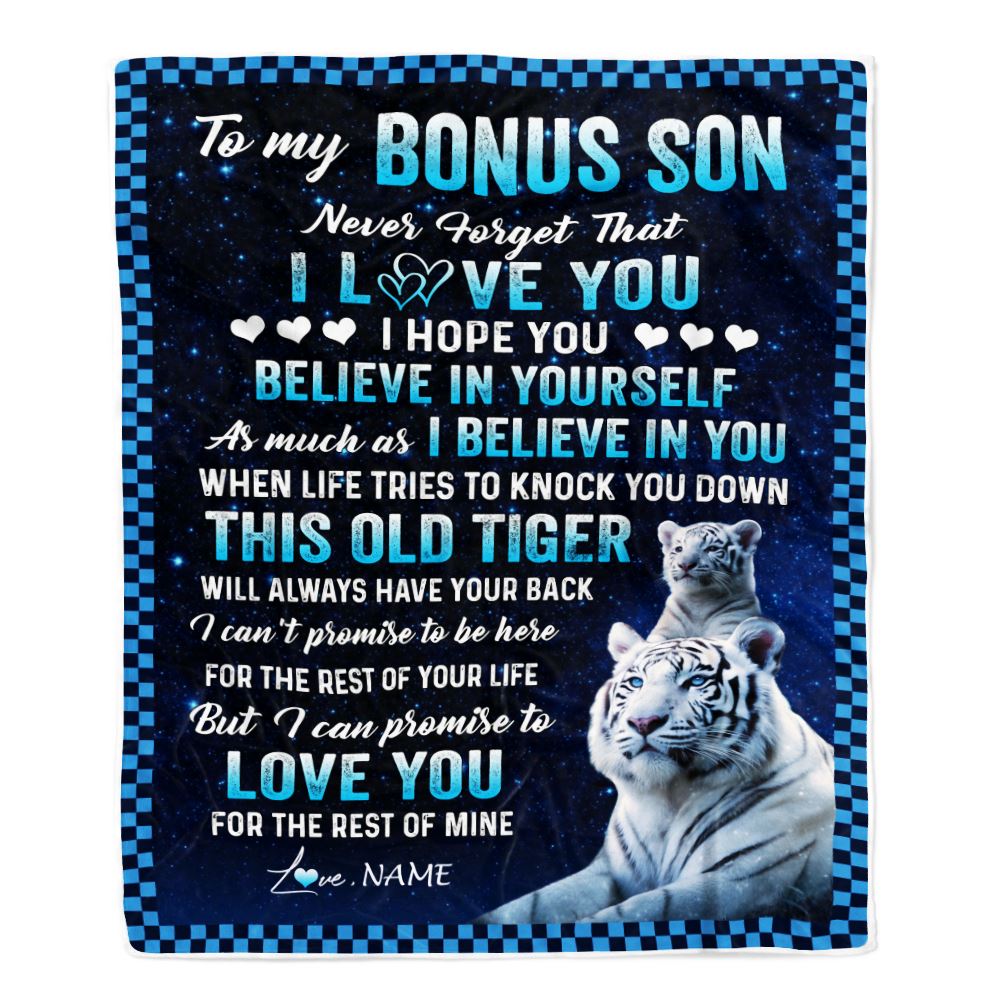 Personalized To My Bonus Son Blanket Gift From Stepdad Stepmom This Old Tiger Love You Stepson Birthday Graduation Christmas Customized Fleece Throw Blanket | teecentury