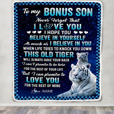 Personalized To My Bonus Son Blanket Gift From Stepdad Stepmom This Old Tiger Love You Stepson Birthday Graduation Christmas Customized Fleece Throw Blanket | teecentury