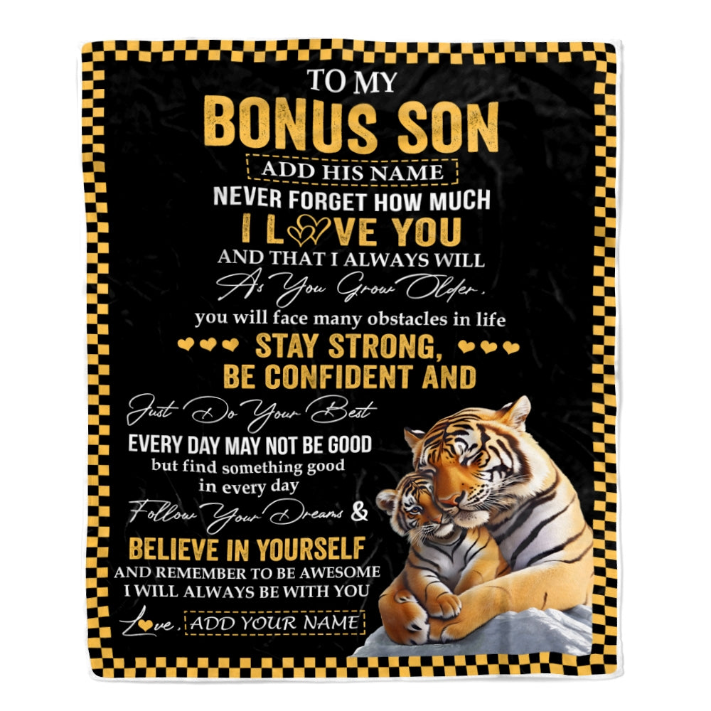 Personalized To My Bonus Son Blanket Tiger I Love You Forever From Stepmom Stepdad Stepson Birthday Gifts Christmas Graduation Customized Fleece Blanket | teecentury