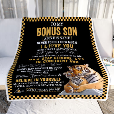 Personalized To My Bonus Son Blanket Tiger I Love You Forever From Stepmom Stepdad Stepson Birthday Gifts Christmas Graduation Customized Fleece Blanket | teecentury