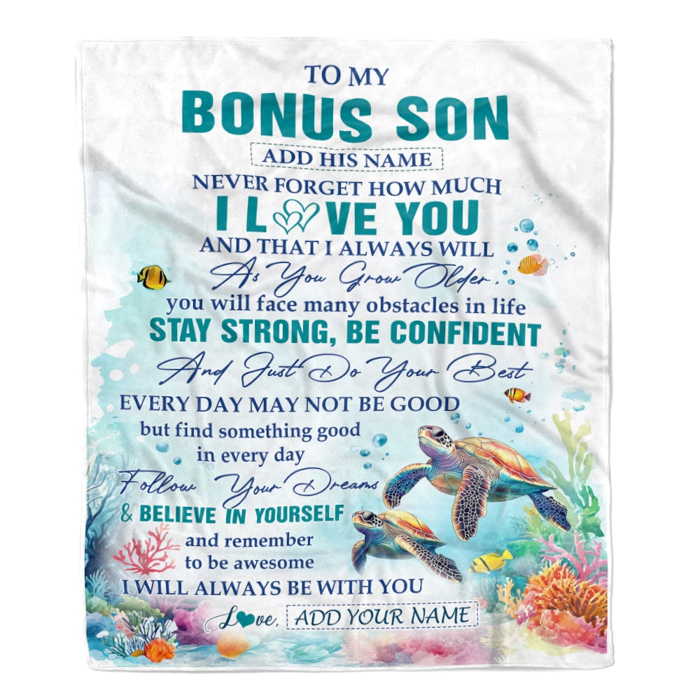 Personalized To My Bonus Son Blanket Turtle I Love You Forever From Stepmom Stepdad Stepson Birthday Gifts Christmas Graduation Customized Fleece Blanket | teecentury