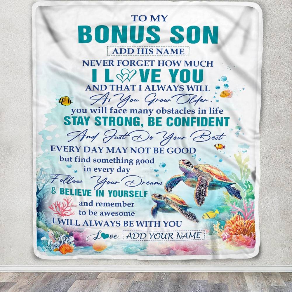 Personalized To My Bonus Son Blanket Turtle I Love You Forever From Stepmom Stepdad Stepson Birthday Gifts Christmas Graduation Customized Fleece Blanket | teecentury