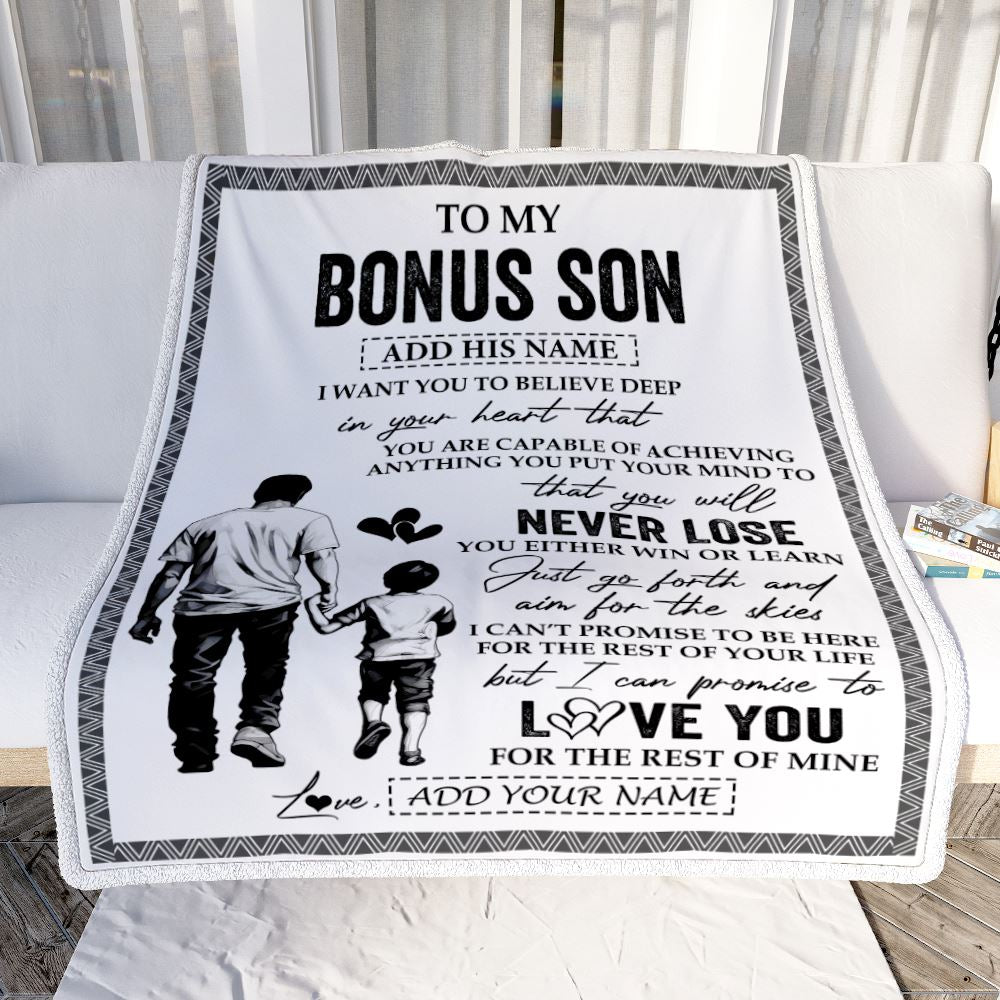 Personalized To My Bonus Son Blanket You Will Never Lose From Bonus Dad Stepfather Stepson Birthday Gifts Graduation Christmas Customized Fleece Blanket | teecentury