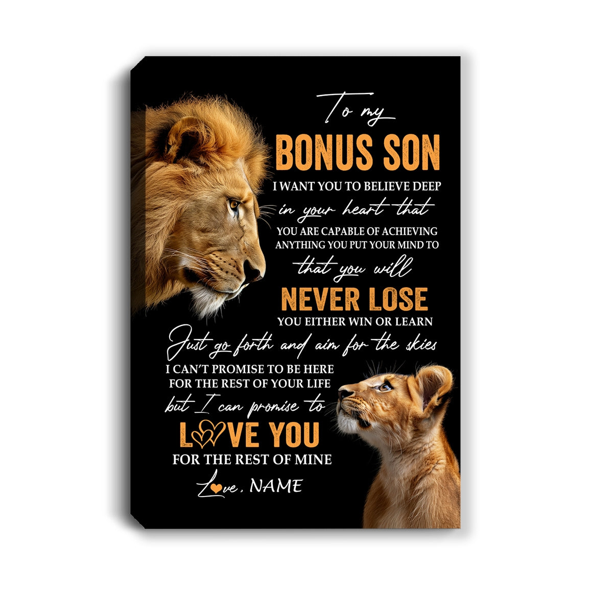 Personalized To My Bonus Son Canvas From Bonus Dad Stepfather You Will Never Lose Lion Stepson Birthday Gifts Graduation Christmas Custom Wall Art Print Framed Canvas | teecentury