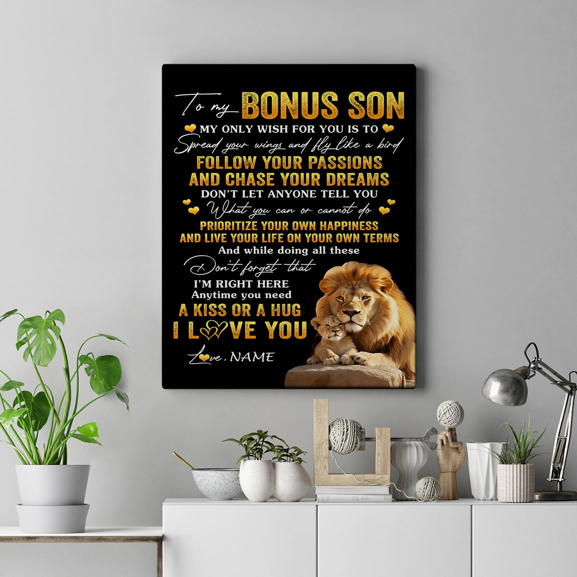 Personalized To My Bonus Son Canvas From Step Dad Father Lion My Only Wish For You Stepson Birthday Gifts Graduation Christmas Custom Wall Art Print Framed Canvas | teecentury