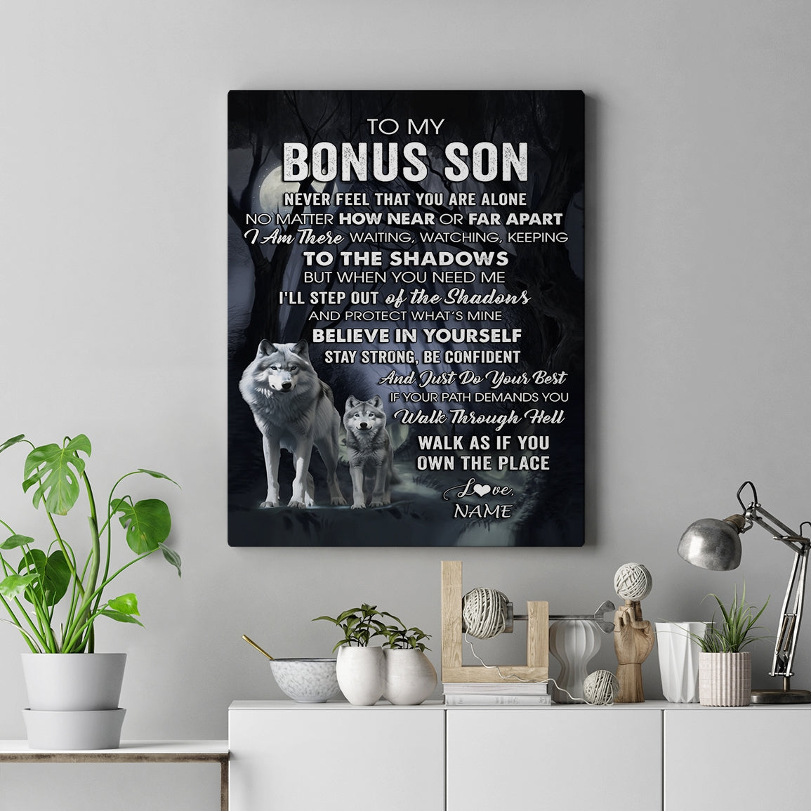 Personalized To My Bonus Son Canvas From Step Mom Dad Never Feel That You Are Alone Wolf Stepson Birthday Gifts Graduation Christmas Custom Wall Art Print Framed Canvas | teecentury