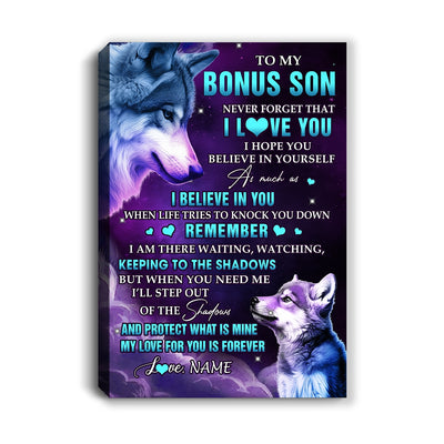 Personalized To My Bonus Son Canvas From Step Mom Dad Wolf Moon My Love For You Is Forever Stepson Birthday Gifts Christmas Custom Wall Art Print Framed Canvas | teecentury