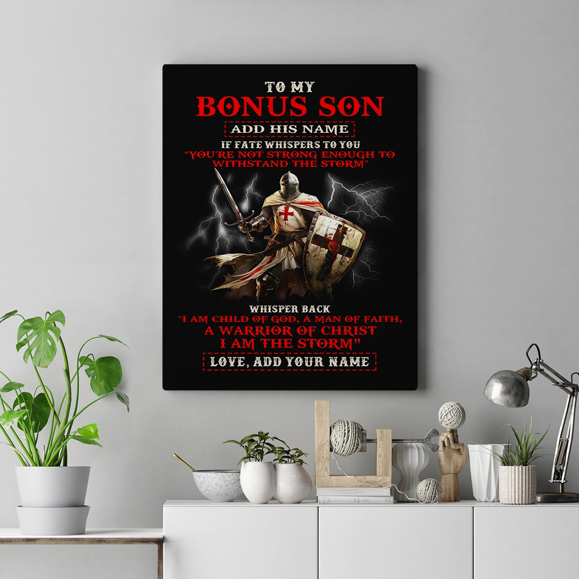 Personalized To My Bonus Son Canvas From Stepdad For Men Warrior Knight Templar I Am The Storm Birthday Christmas Gift For Stepson Custom Framed Canvas | teecentury