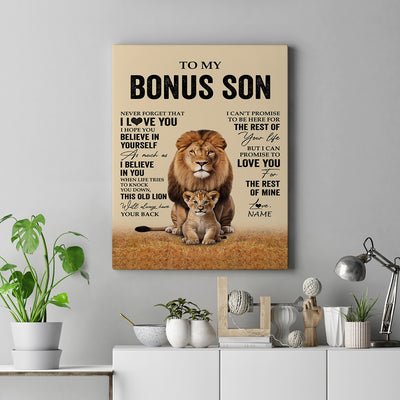 Personalized To My Bonus Son Canvas From Stepdad Lion Never Forget That I Love You Stepson Birthday Gifts Graduation Christmas Custom Wall Art Print Framed Canvas | teecentury