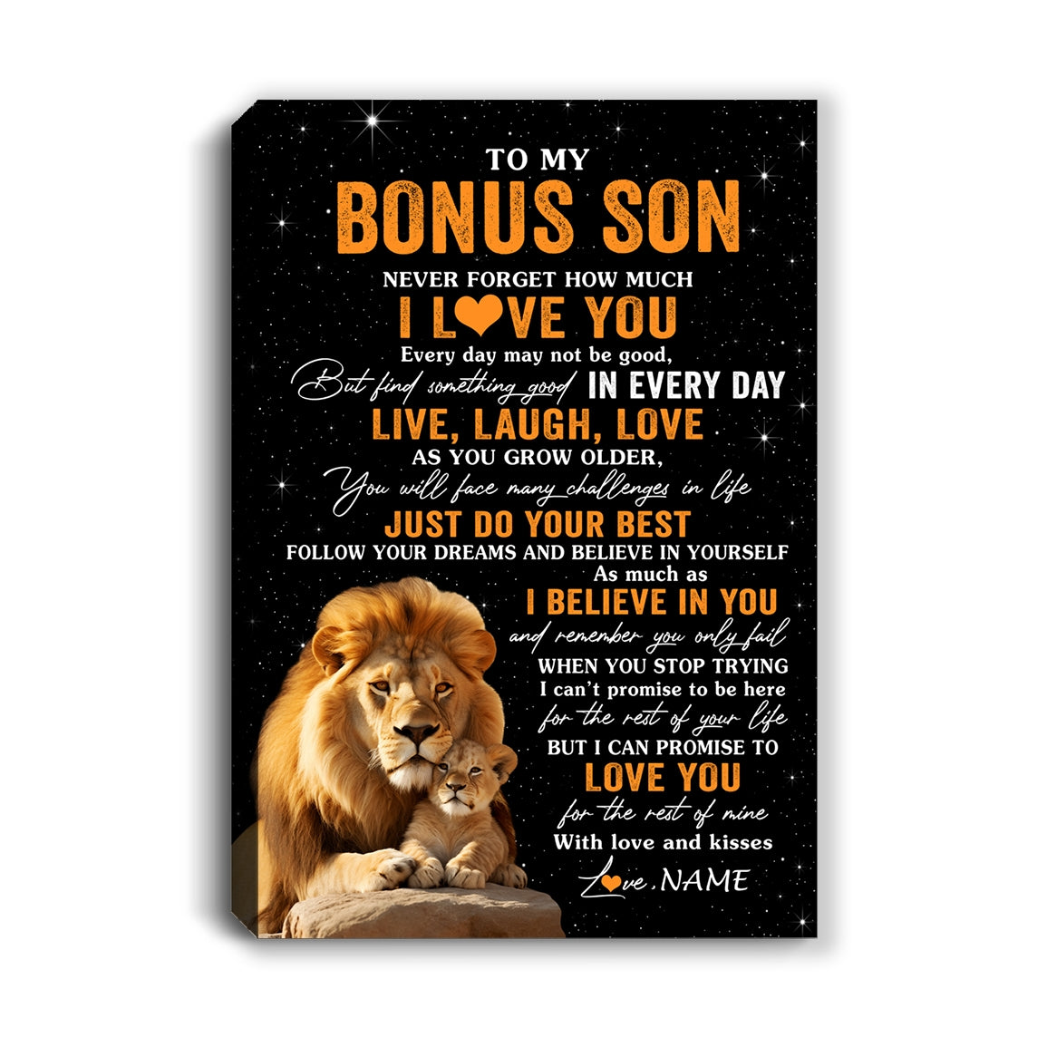 Personalized To My Bonus Son Canvas From Stepdad Live Laugh Love Lion Stepson Birthday Gifts Positive Graduation Christmas Custom Wall Art Print Framed Canvas | teecentury