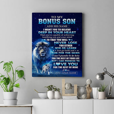 Personalized To My Bonus Son Canvas From Stepfather Believe Your Heart Stepson Gift Birthday Graduation Christmas Custom Wall Art Print Framed Canvas | teecentury