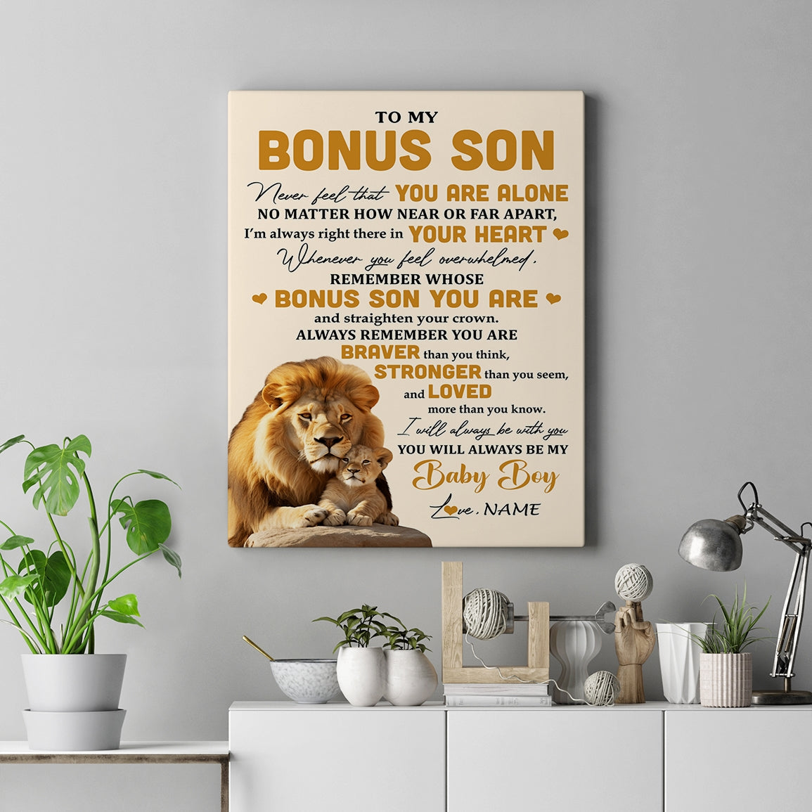 Personalized To My Bonus Son Canvas From Stepfather Lion Never Feel That You Are Alone Great Stepson Birthday Gifts Christmas Custom Wall Art Print Framed Canvas | teecentury