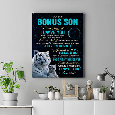 Personalized To My Bonus Son Canvas From Stepmom Dad Never Forget I Love You White Tiger Stepson Birthday Gifts Christmas Custom Wall Art Print Framed Canvas | teecentury