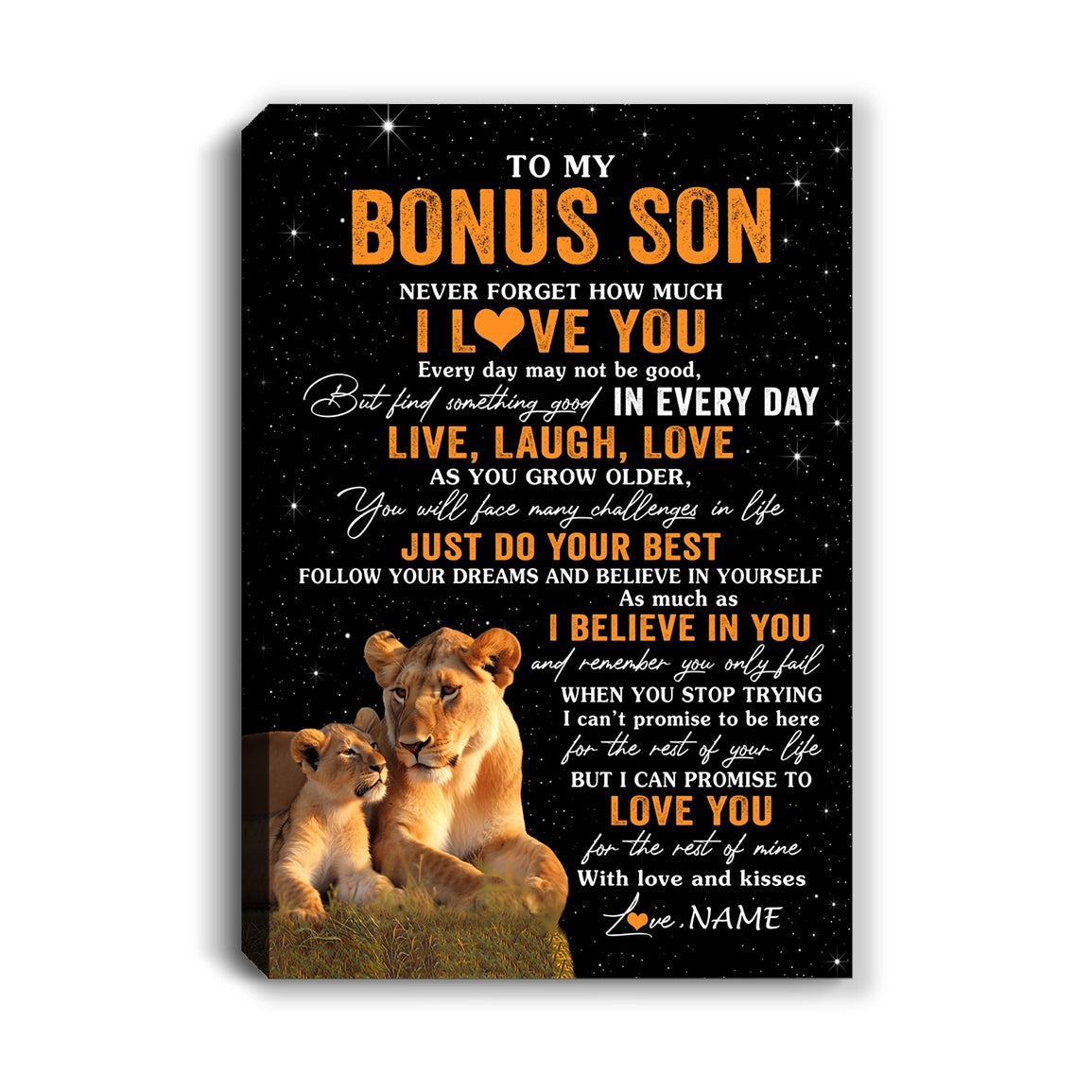 Personalized To My Bonus Son Canvas From Stepmom Live Laugh Love Lion Stepson Birthday Gifts Positive Graduation Christmas Custom Wall Art Print Framed Canvas | teecentury