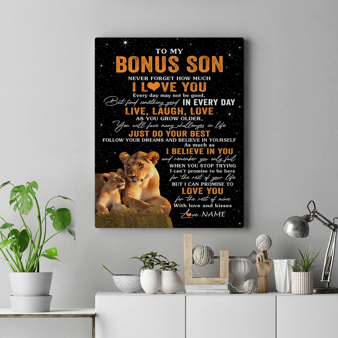 Personalized To My Bonus Son Canvas From Stepmom Live Laugh Love Lion Stepson Birthday Gifts Positive Graduation Christmas Custom Wall Art Print Framed Canvas | teecentury