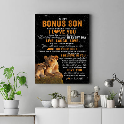 Personalized To My Bonus Son Canvas From Stepmom Live Laugh Love Lion Stepson Birthday Gifts Positive Graduation Christmas Custom Wall Art Print Framed Canvas | teecentury