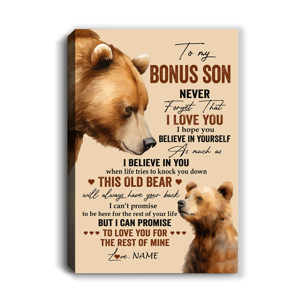 Personalized To My Bonus Son Canvas From Stepmom Stepdad Never Forget I Love You Bear Stepson Birthday Gifts Graduation Christmas Custom Wall Art Print Framed Canvas | teecentury