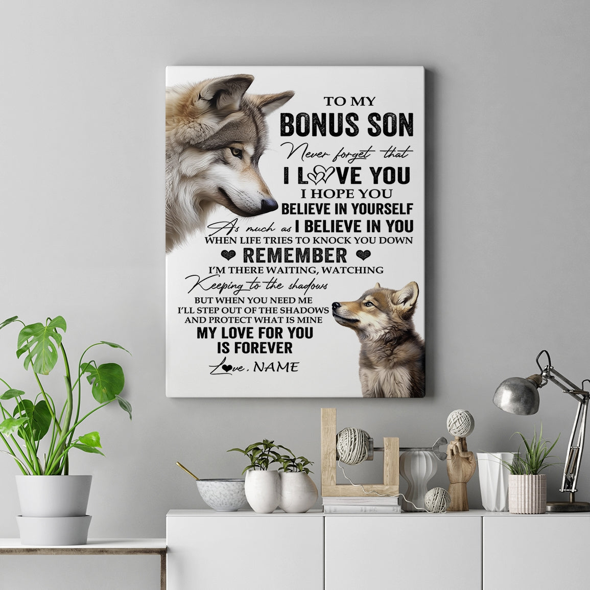 Personalized To My Bonus Son Canvas From Stepmom Stepdad Wolf My Love For You Is Forever Stepson Birthday Gifts Christmas Custom Wall Art Print Framed Canvas | teecentury