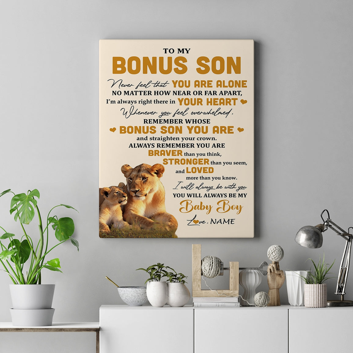 Personalized To My Bonus Son Canvas From Stepmother Lion Never Feel That You Are Alone Great Stepson Birthday Gifts Christmas Custom Wall Art Print Framed Canvas | teecentury