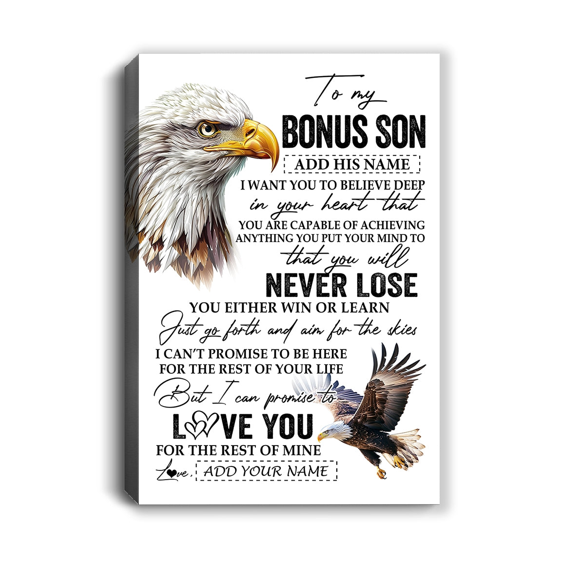 Personalized To My Bonus Son Canvas From Stepmother Stepdad You Will Never Lose Eagle Stepson Birthday Gifts Graduation Christmas Custom Wall Art Print Framed Canvas | teecentury
