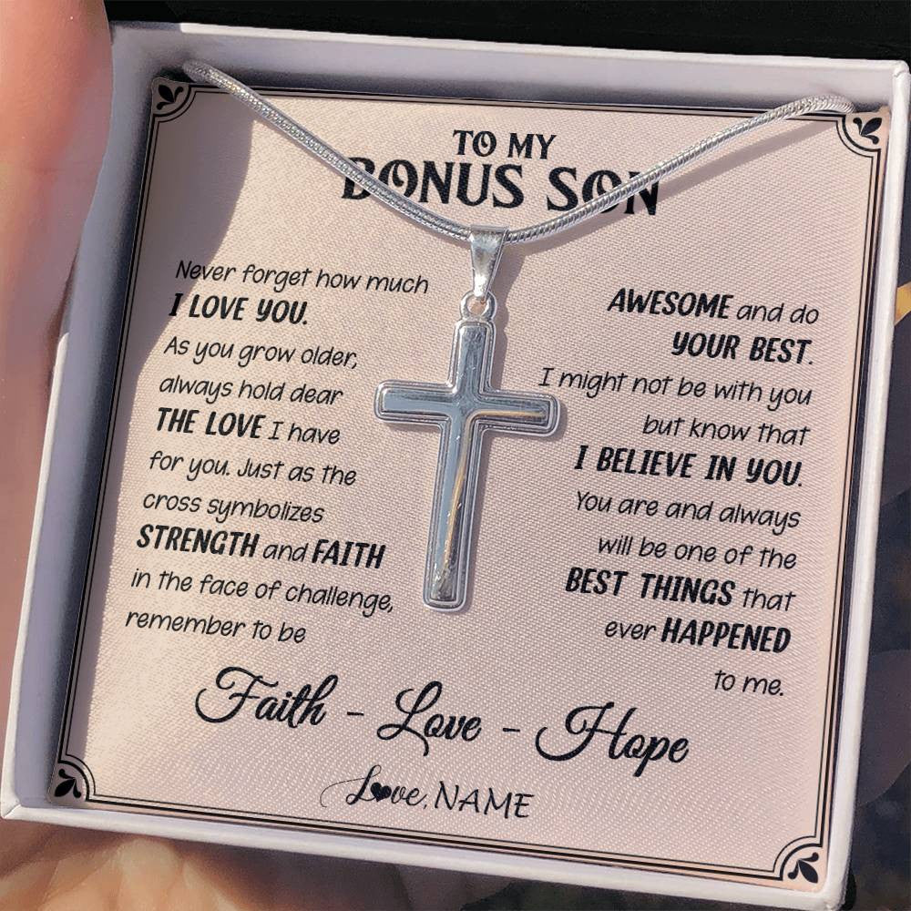 Stainless Cross Necklace Stainless Steel | 2 | Personalized To My Bonus Son Cross Necklace From Stepdad Stepmom Strength And Faith Stepson Birthday Christmas Graduation Customized Gift Box Message Card | teecentury
