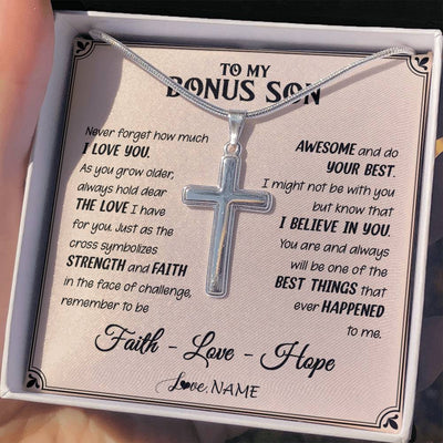 Stainless Cross Necklace Stainless Steel | 2 | Personalized To My Bonus Son Cross Necklace From Stepdad Stepmom Strength And Faith Stepson Birthday Christmas Graduation Customized Gift Box Message Card | teecentury
