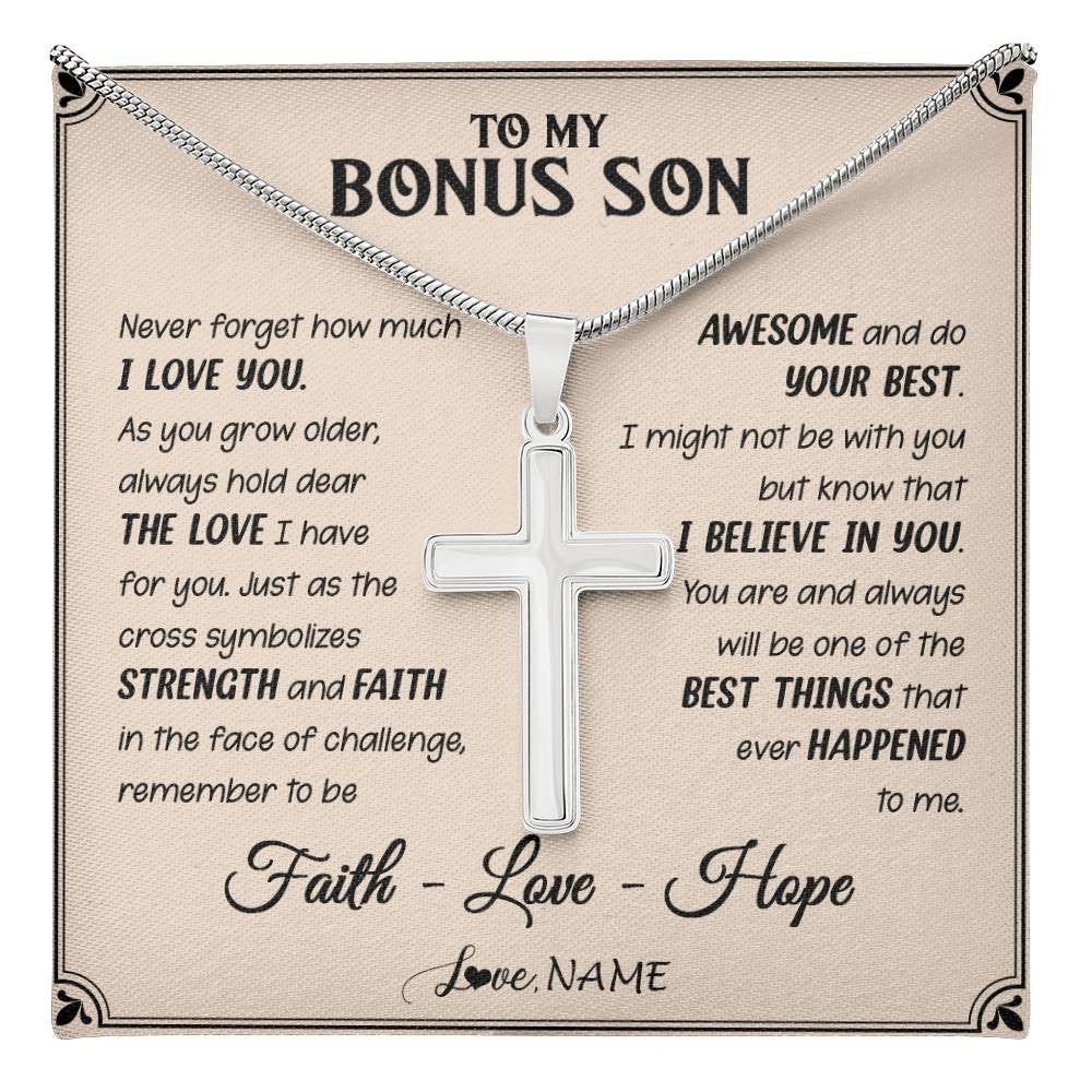 Stainless Cross Necklace Stainless Steel | 1 | Personalized To My Bonus Son Cross Necklace From Stepdad Stepmom Strength And Faith Stepson Birthday Christmas Graduation Customized Gift Box Message Card | teecentury