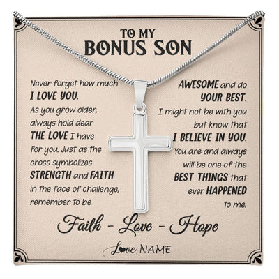 Stainless Cross Necklace Stainless Steel | 1 | Personalized To My Bonus Son Cross Necklace From Stepdad Stepmom Strength And Faith Stepson Birthday Christmas Graduation Customized Gift Box Message Card | teecentury
