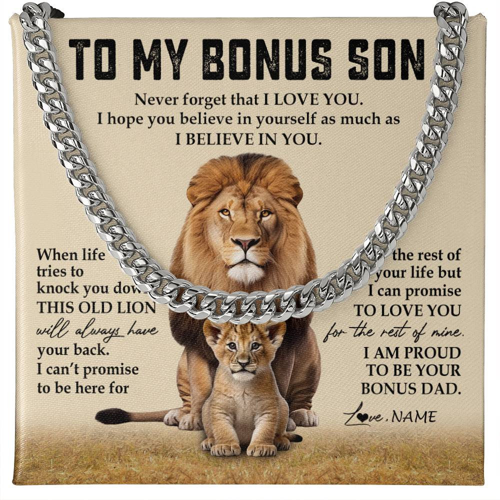 Cuban Link Chain Necklace Stainless Steel | 1 | Personalized To My Bonus Son Cuban Necklace From Step Father Never Forget That I Love You Lion Stepson Birthday Graduation Christmas Customized Message Card | teecentury