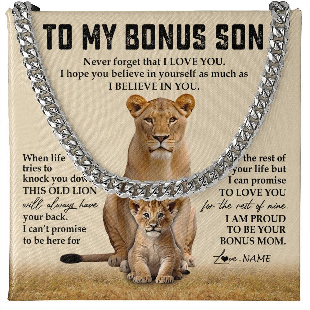 Cuban Link Chain Necklace Stainless Steel | 1 | Personalized To My Bonus Son Cuban Necklace From Step Mother Never Forget That I Love You Lion Stepson Birthday Graduation Christmas Customized Message Card | teecentury