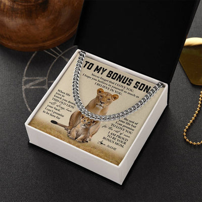 Cuban Link Chain Necklace Stainless Steel | 2 | Personalized To My Bonus Son Cuban Necklace From Step Mother Never Forget That I Love You Lion Stepson Birthday Graduation Christmas Customized Message Card | teecentury