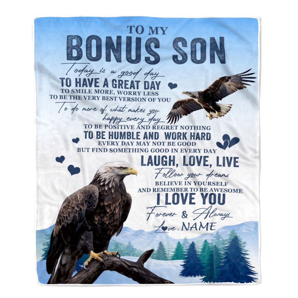 Personalized To My Bonus Son Eagle Blanket From Stepmother Stepdad Every Day Laugh Love Live Stepson Birthday Gifts Christmas Customized Fleece Throw Blanket | teecentury