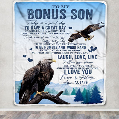 Personalized To My Bonus Son Eagle Blanket From Stepmother Stepdad Every Day Laugh Love Live Stepson Birthday Gifts Christmas Customized Fleece Throw Blanket | teecentury