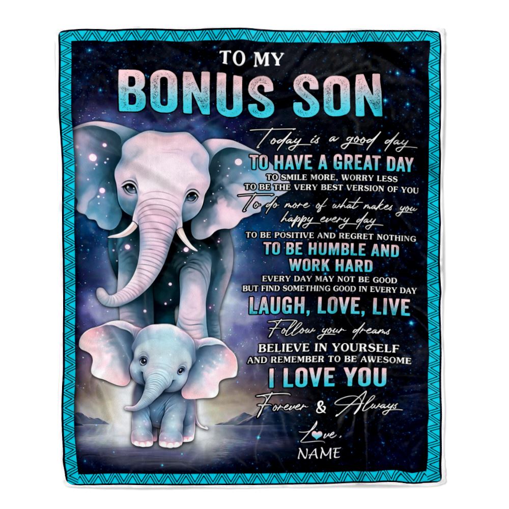 Personalized To My Bonus Son Elephant Blanket From Stepmother Every Day Laugh Love Live Stepson Birthday Gifts Christmas Customized Fleece Throw Blanket | teecentury