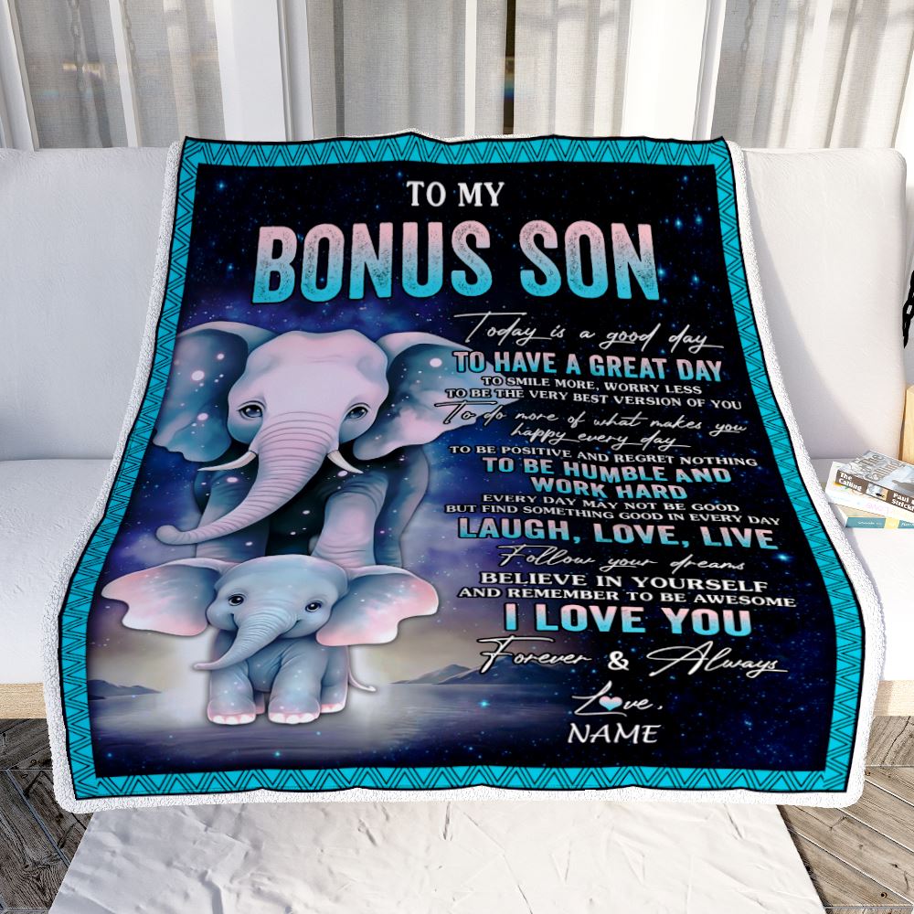 Personalized To My Bonus Son Elephant Blanket From Stepmother Every Day Laugh Love Live Stepson Birthday Gifts Christmas Customized Fleece Throw Blanket | teecentury
