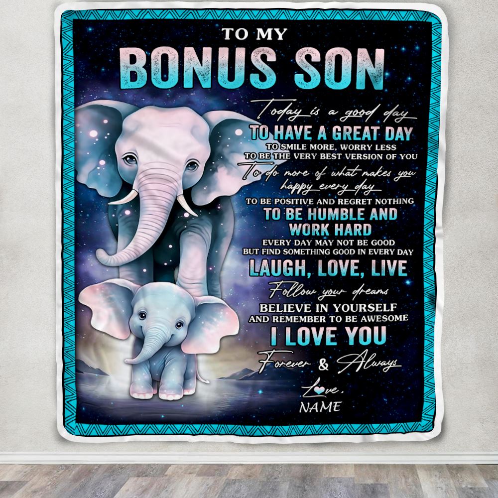 Personalized To My Bonus Son Elephant Blanket From Stepmother Every Day Laugh Love Live Stepson Birthday Gifts Christmas Customized Fleece Throw Blanket | teecentury