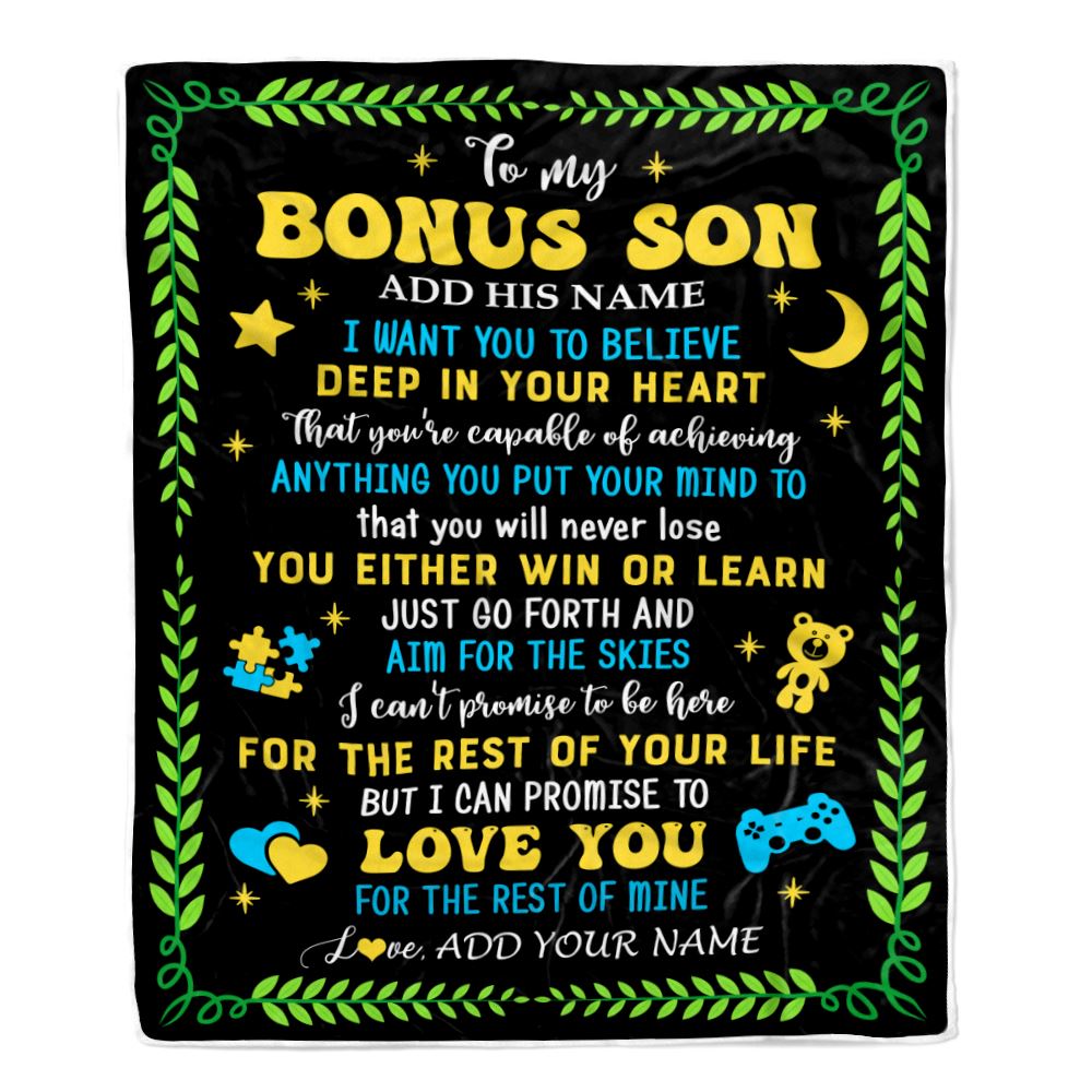 Personalized To My Bonus Son Gift Blanket From Stepmother Stepdad Letter Sleep Cute Stepson Birthday Idea Graduation Christmas Customized Fleece Throw Blanket | teecentury