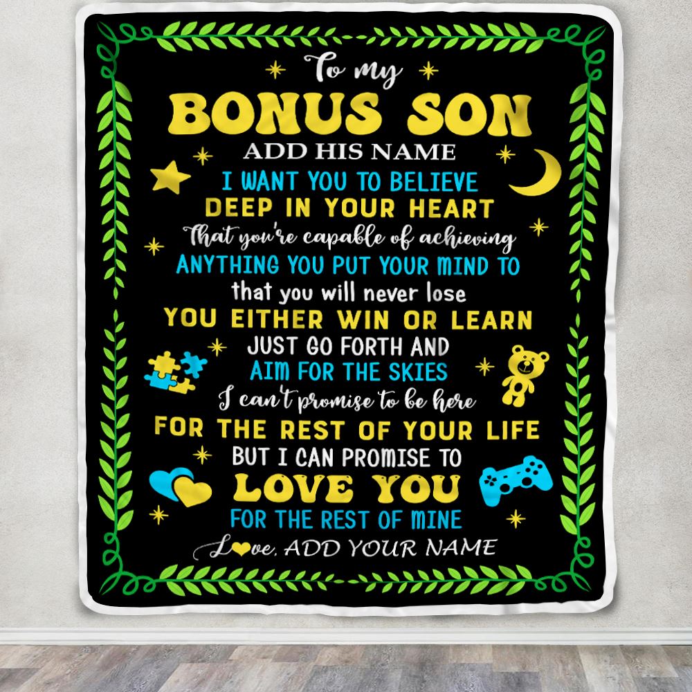Personalized To My Bonus Son Gift Blanket From Stepmother Stepdad Letter Sleep Cute Stepson Birthday Idea Graduation Christmas Customized Fleece Throw Blanket | teecentury