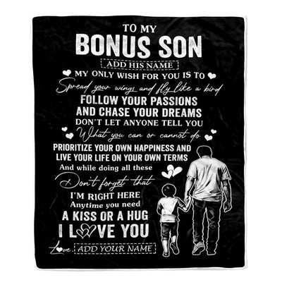 Personalized To My Bonus Son Gifts Blanket From Stepdad My Only Wish For You Stepson Birthday Gifts Graduation Christmas Customized Fleece Throw Blanket | teecentury