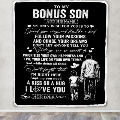 Personalized To My Bonus Son Gifts Blanket From Stepdad My Only Wish For You Stepson Birthday Gifts Graduation Christmas Customized Fleece Throw Blanket | teecentury
