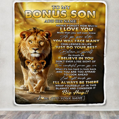 Personalized To My Bonus Son Gifts Blanket From Stepdad Never Forget How Much I Love You Lion StepSon Birthday Gifts Christmas Customized Fleece Blanket | teecentury
