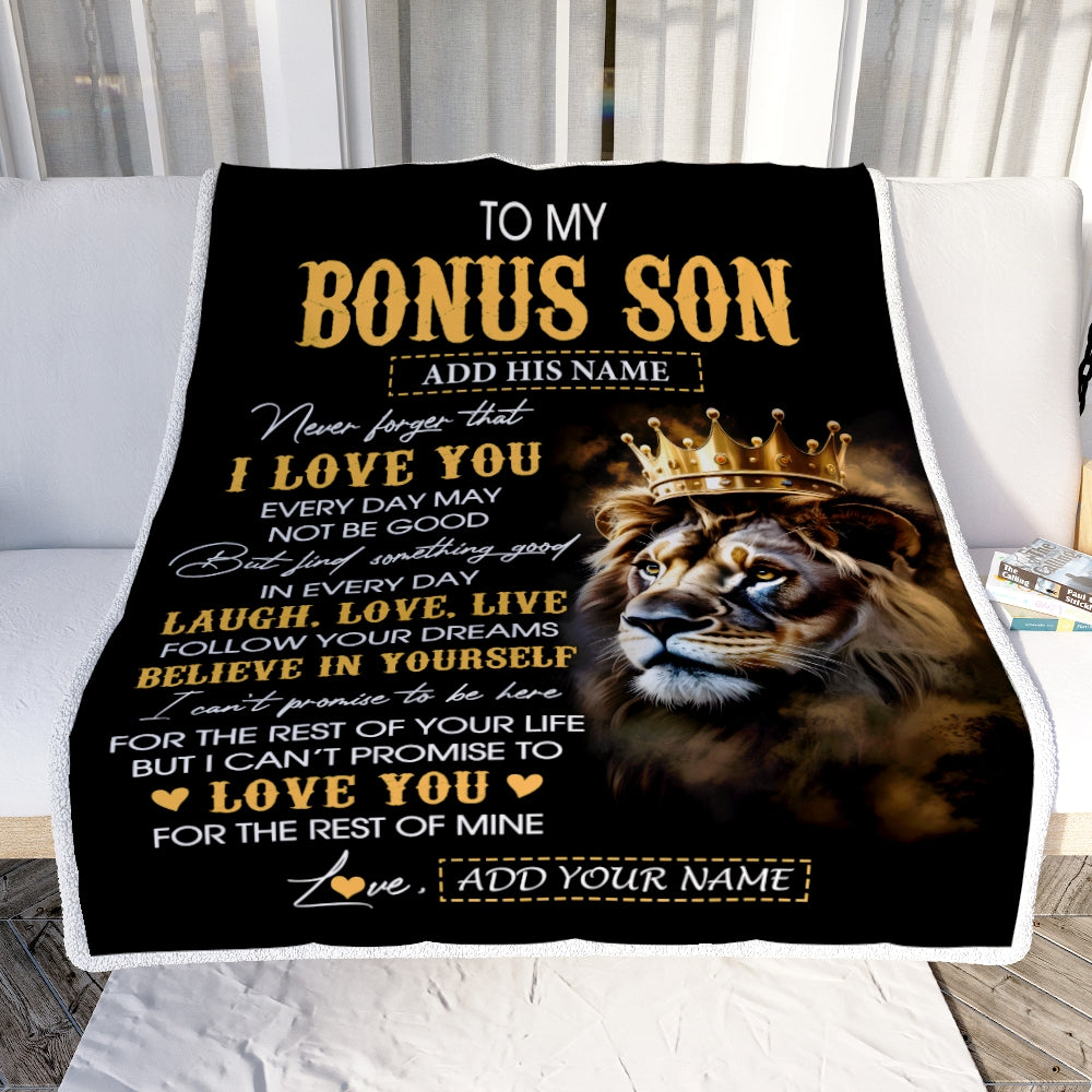 Personalized To My Bonus Son Gifts Blanket From Stepdad Stepmom Laugh Love Live Lion Stepson Happy Birthday Gifts Graduation Christmas Custom Fleece Blanket | teecentury