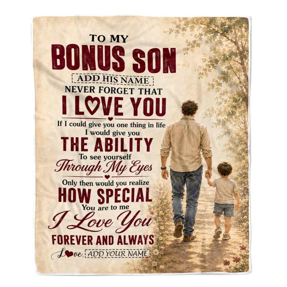 Personalized To My Bonus Son Gifts Blanket From Stepdad Stepson Holding Hands Letter Birthday Gift Graduation Christmas Customized Fleece Throw Blanket | teecentury